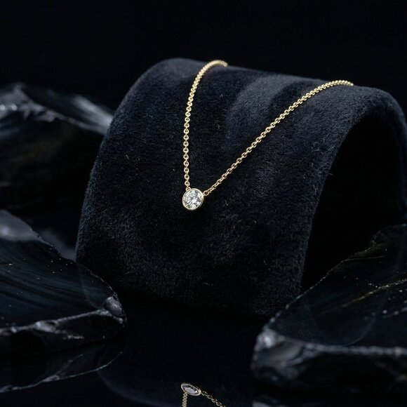 Diamond Bezel 14K (or 18k upon request) Gold Solitaire Pendant Necklace - Picture 3 of 7